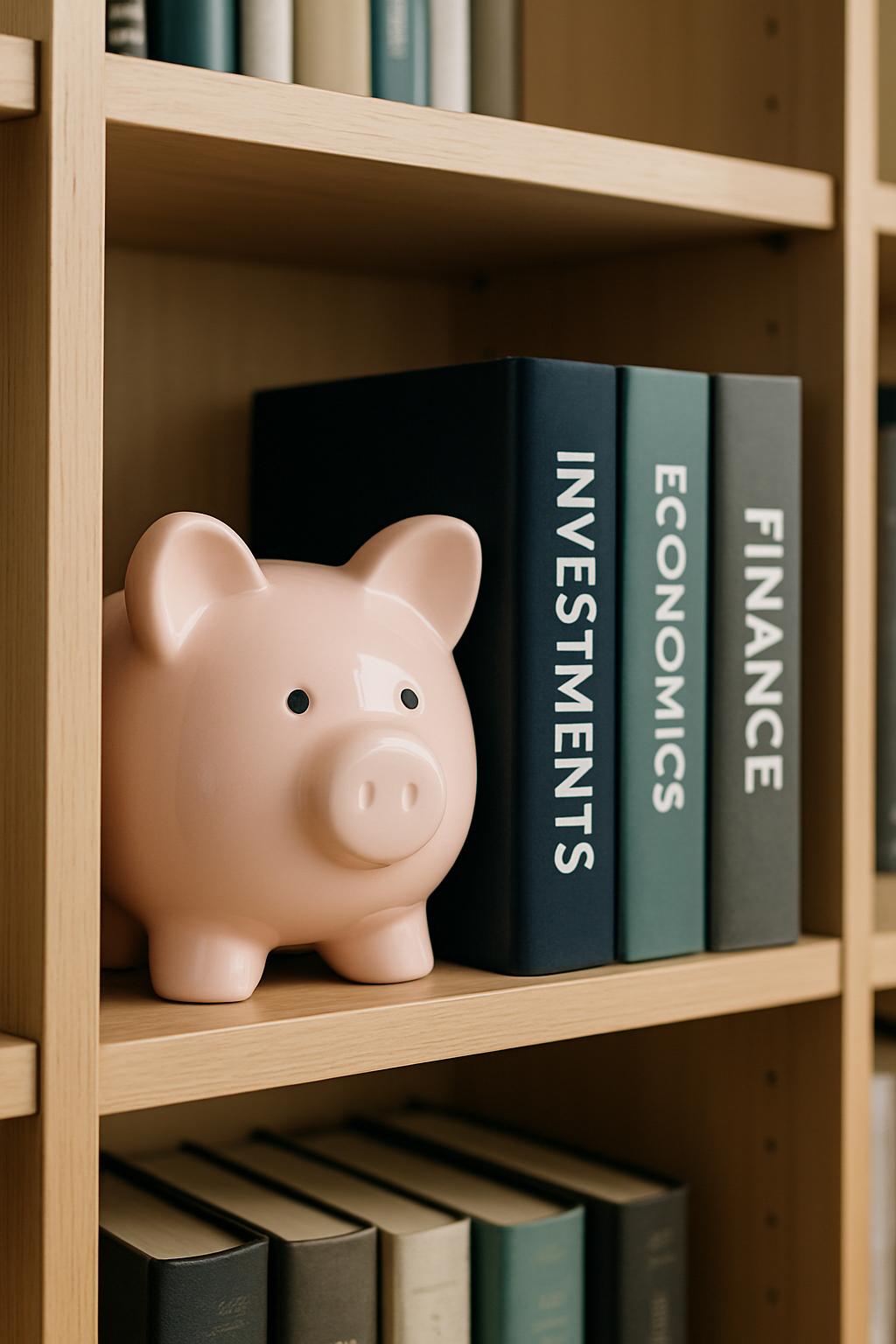 Bookshelf and Piggy Bank Image for Investment, Economics, and Finance.